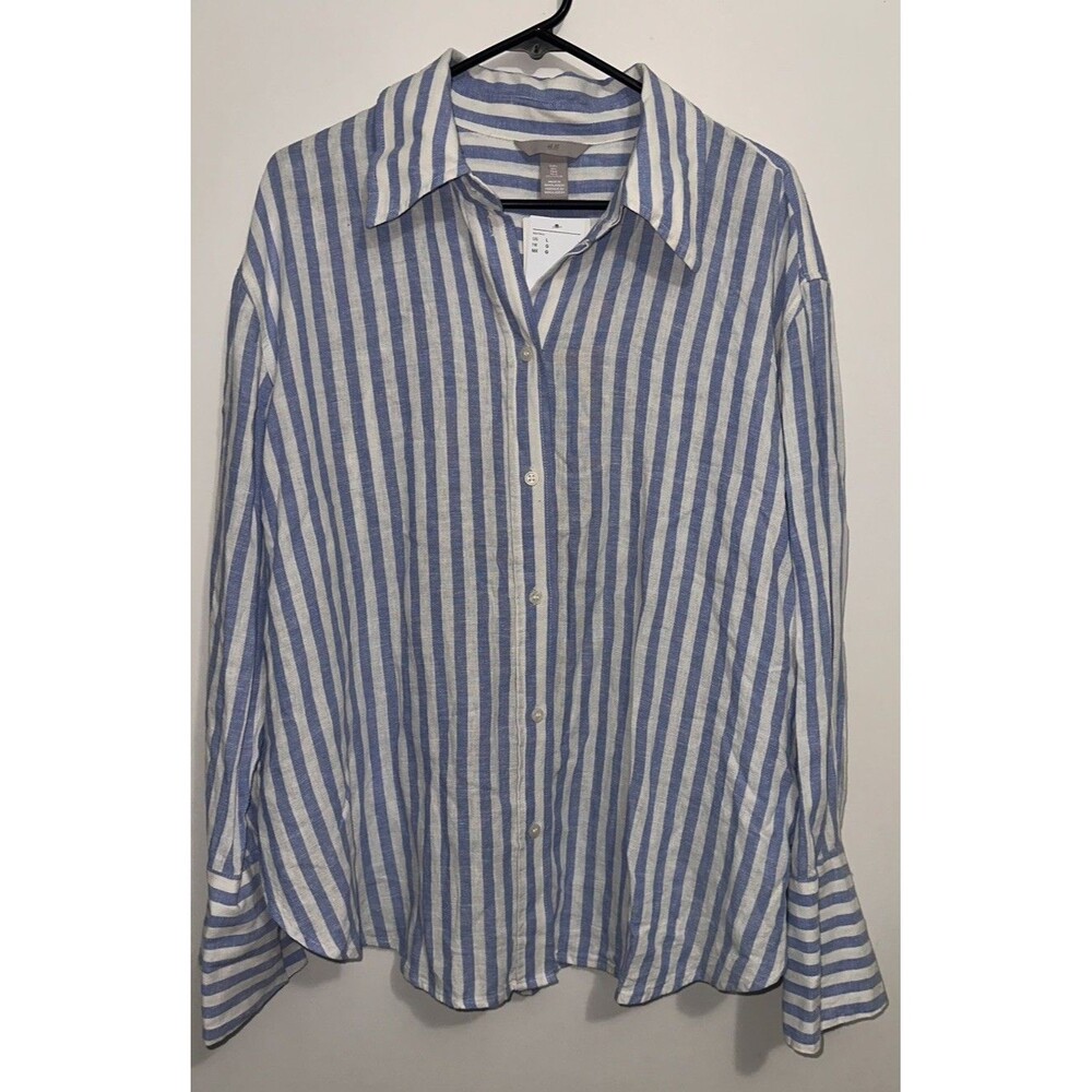 H&M Women’s Blue And White Striped Linen Button-Down Coastal Nautical